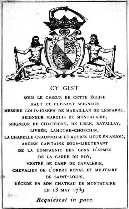 Epitaphe de Louis-Joseph de Madaillan surmonte de ses armoiries